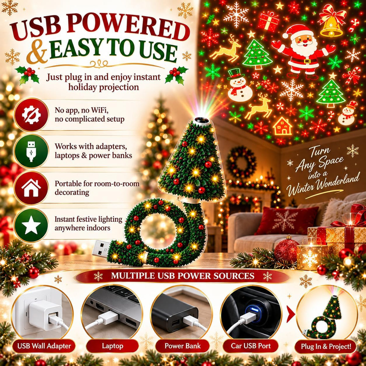 2027 New Christmas Projector Light, USB Powered Christmas Ceiling Projector