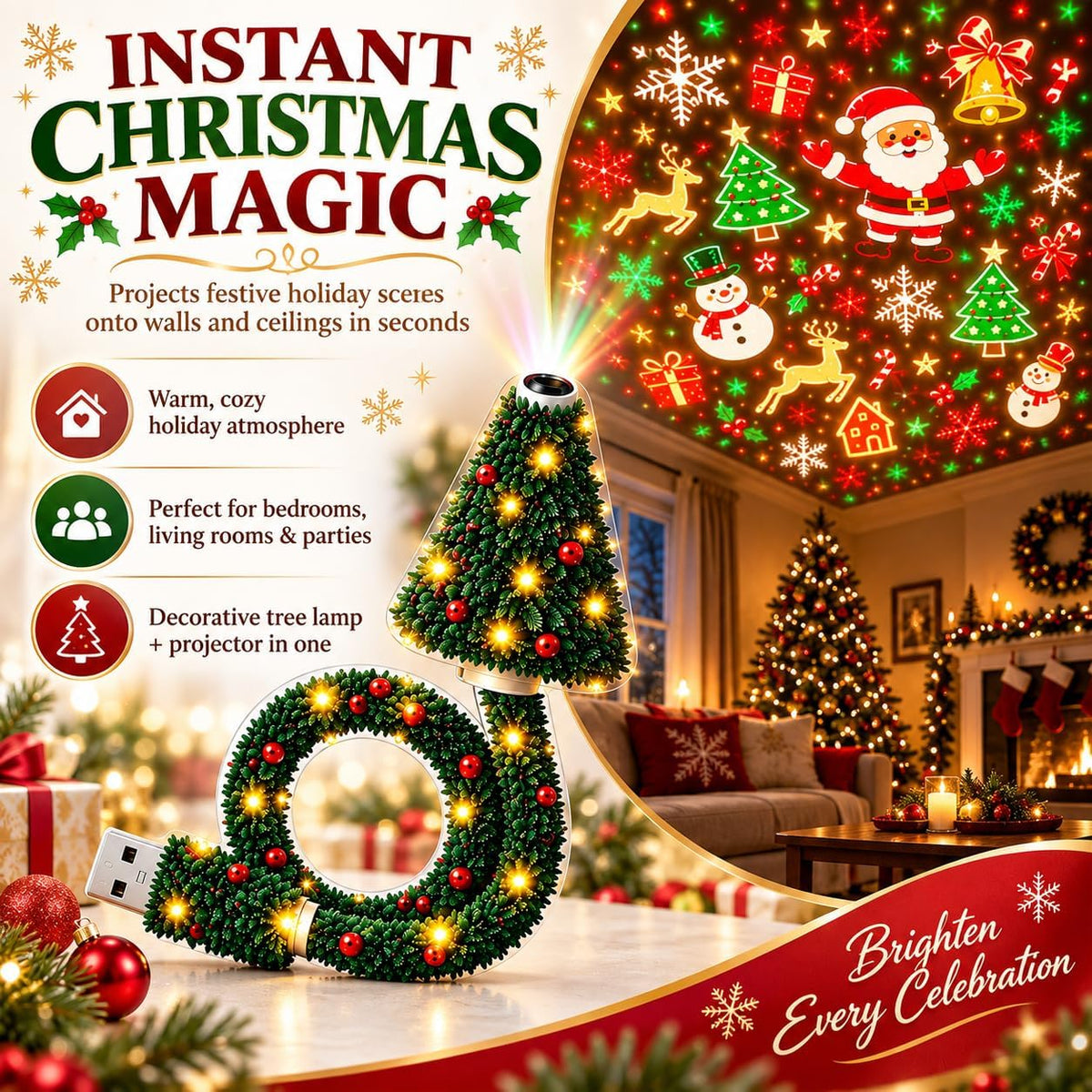 2027 New Christmas Projector Light, USB Powered Christmas Ceiling Projector