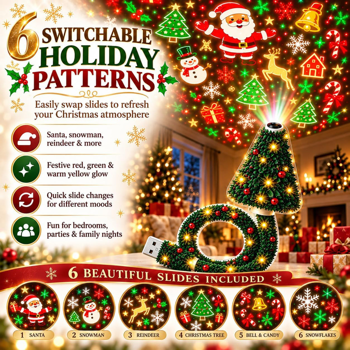 2027 New Christmas Projector Light, USB Powered Christmas Ceiling Projector